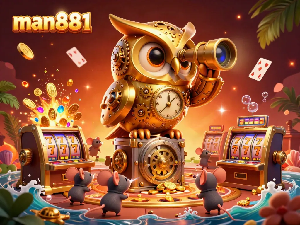 Experience the excitement of man881 with a captivating casino scene featuring golden owl and vibrant slot elements.