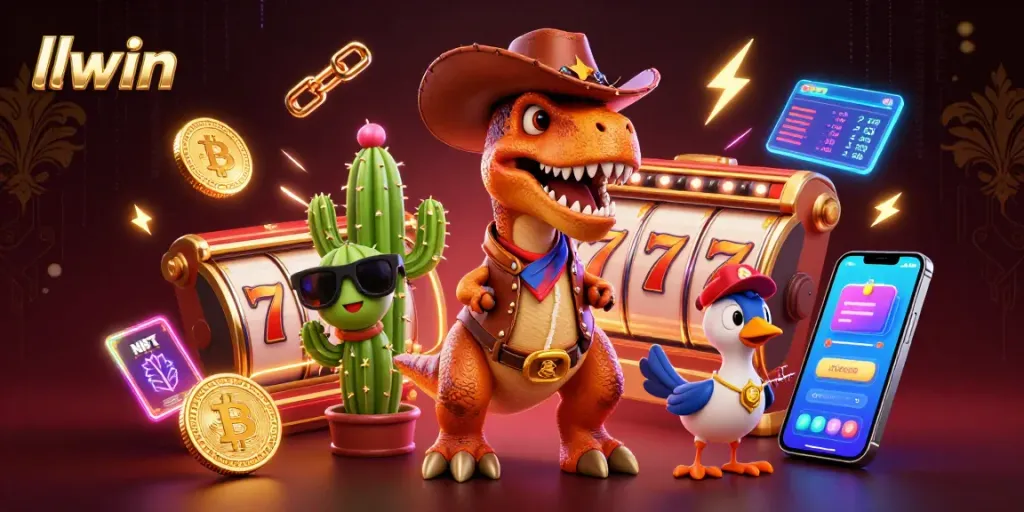 llwin offers dynamic gaming experiences with slot reels and exciting characters in a vibrant casino scene.