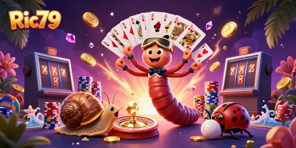 Experience the excitement of Ric79 with a dynamic 3D casino illustration packed with game elements.