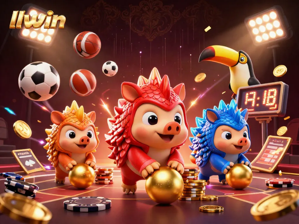 Experience thrilling gameplay at llwin with rival pangolins bowling through poker chips in an exciting casino scene.
