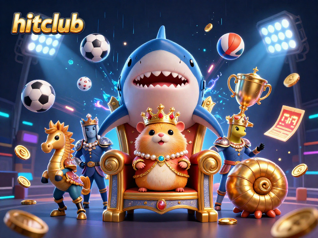 Engage with hitclub's vibrant gaming scene featuring a dynamic hamster king on a megalodon throne.