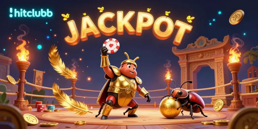 Experience the thrill of hitclubb casino gaming with a dynamic scene featuring a victorious beetle champion in golden armor.