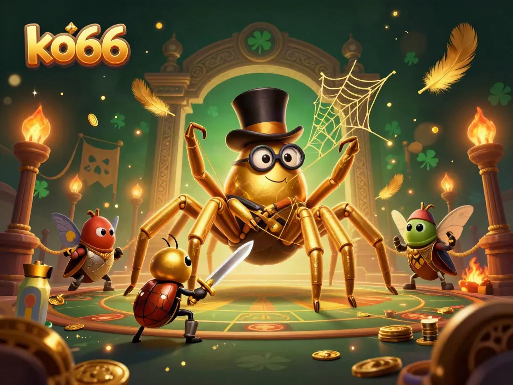 Engage with ko66's dazzling casino experience featuring a golden tarantula and valiant beetle knight in a vibrant atmosphere.