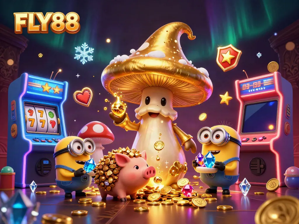 Experience the excitement of FLY88 with this vibrant 3D casino scene featuring golden treasures and magical elements.