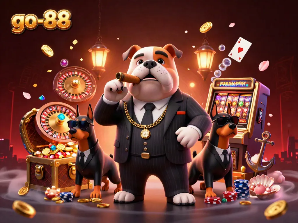 Engage with the vibrant energy of go-88 featuring a 3D mafia boss bulldog and bodyguards immersed in a casino-inspired adventure.
