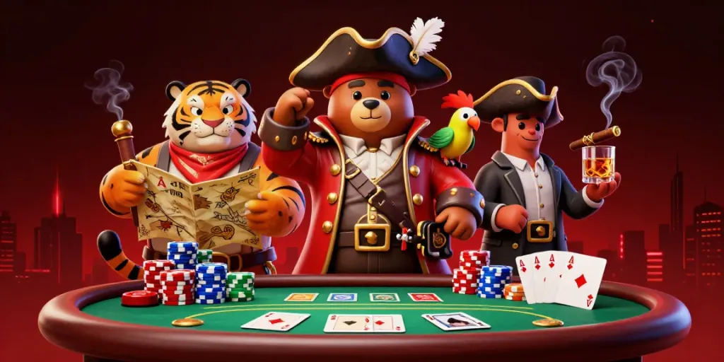 Engage in thrilling poker action with hi88 at a vibrant casino illustrated scene