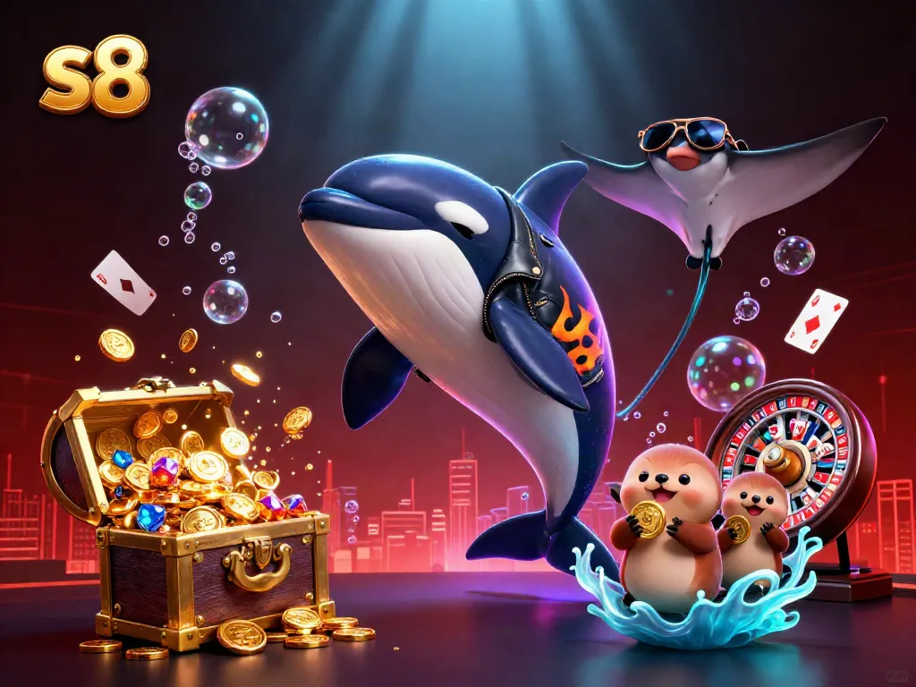Experience thrilling gameplay with s8 at an underwater casino featuring animated characters and dynamic elements.