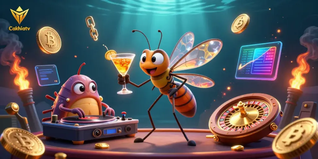 Cakhiatv showcases a lively casino scene with a vibrant mosquito mascot and a trilobite DJ.