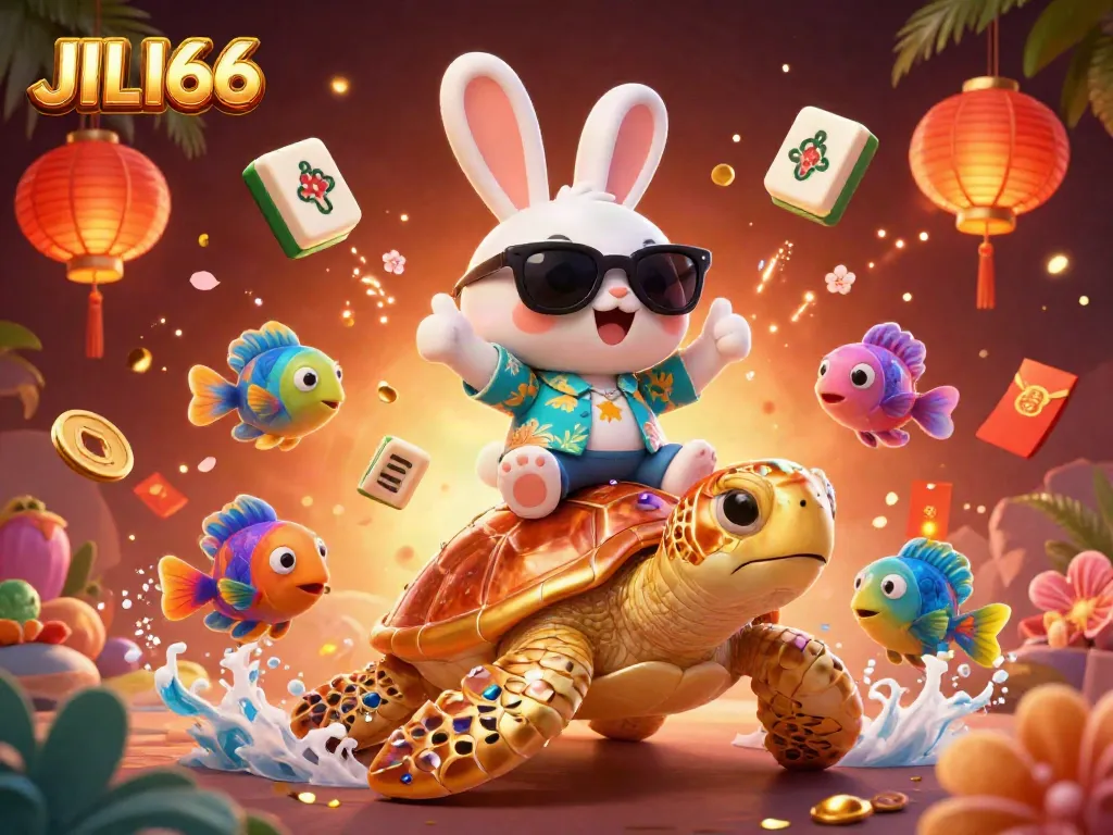 JILI66 casino scene depicting a lucky rabbit on a turtle amidst festive symbols, celebrating gaming.