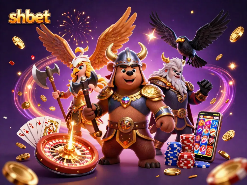 Engage with shbet's dynamic gaming scene featuring Viking and Valkyrie characters amidst casino excitement.