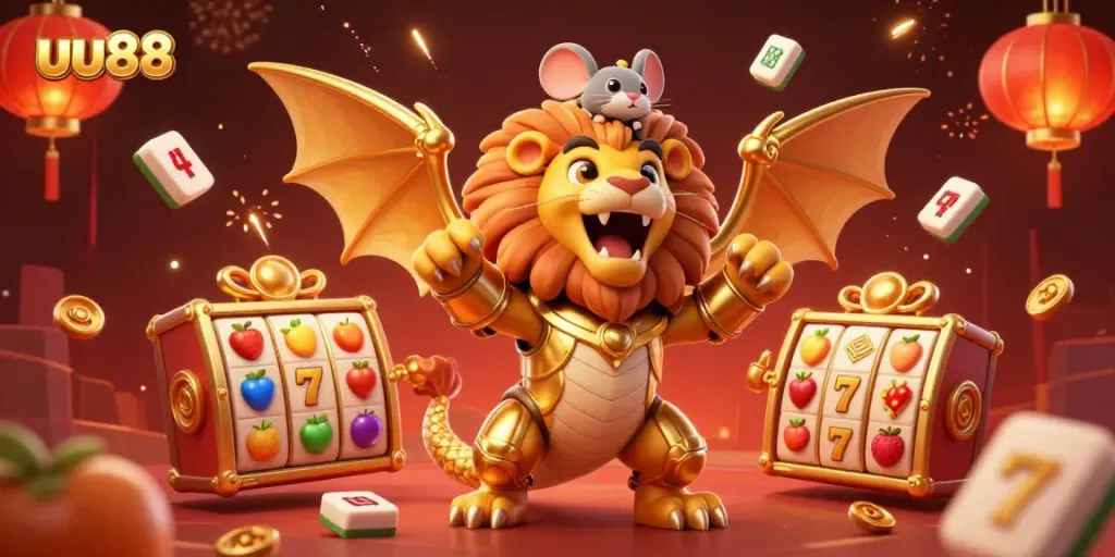 uu88 players experience thrilling 3D slot games with golden chimera and various casino elements.