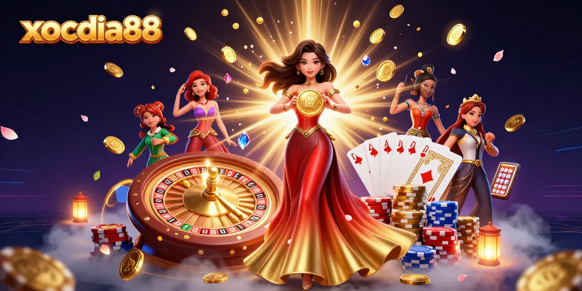 Xocdia88 showcases an ornate Asian woman holding a golden coin surrounded by casino elements.