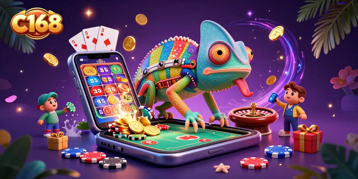 C168 offers a vibrant gaming scene with a colorful chameleon casino owner amidst golden coins, slot games, and poker elements.
