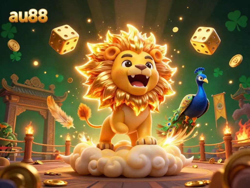 Experience the thrill of au88 with a vibrant 3D illustration showcasing exciting casino elements and a roaring sun lion.
