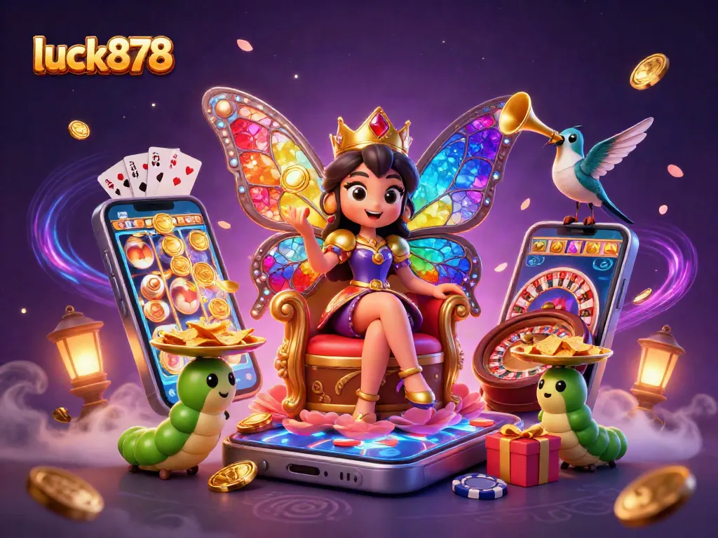 Spin to win at luck878 with a colorful, vibrant 3D casino scene featuring a butterfly queen and gaming elements.