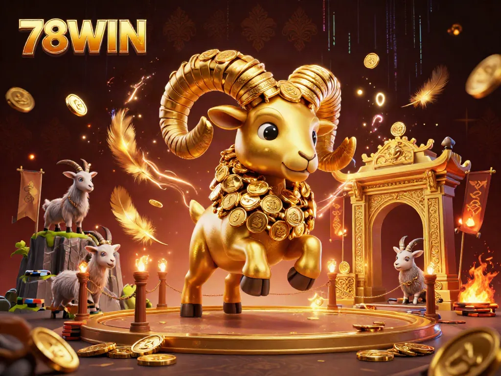 Experience thrilling gameplay with 78WIN in a vibrant 3D casino battle scene, featuring a golden ram amidst exciting gambling elements.