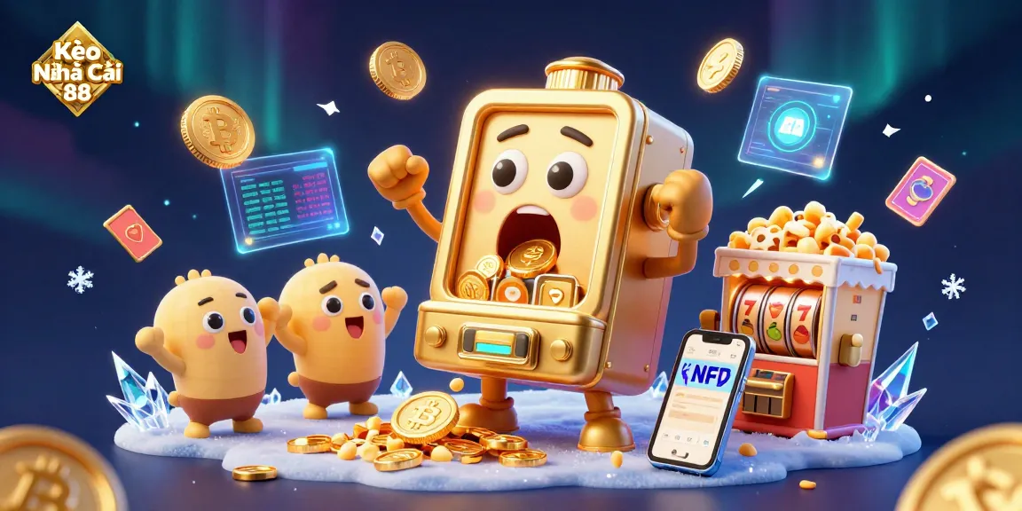 Experience the excitement of Kèo Nhà Cái 88 with golden slot machines and vibrant crypto elements!