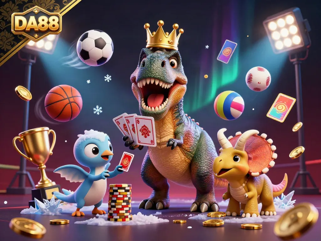 Experience the fun of DA88 with a T-Rex shuffling cards and friends stacking chips in a vibrant casino scene.