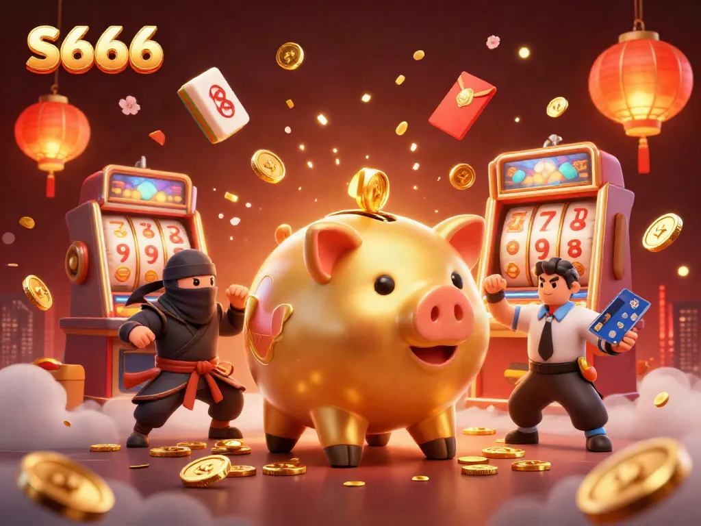 S666 offers an exhilarating online casino experience with a lively 3D illustration of a golden piggy bank sumo wrestler surrounded by gaming elements.