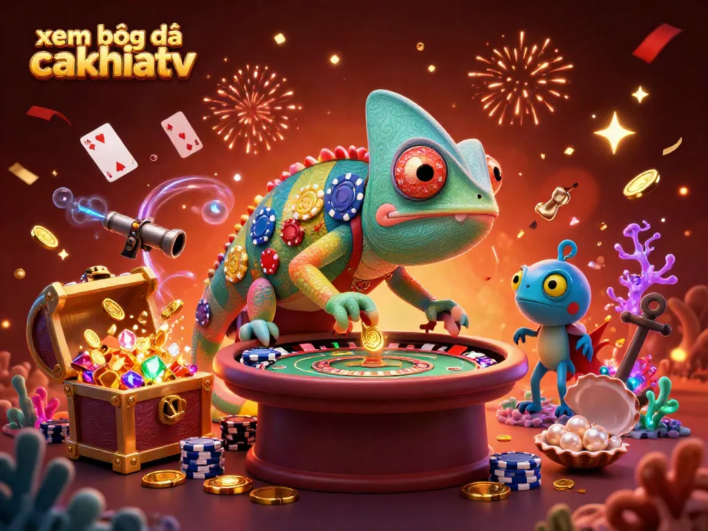 Xem bóng đá cakhiatv illustration featuring a vibrant chameleon casino owner surrounded by treasure and vibrant casino elements.