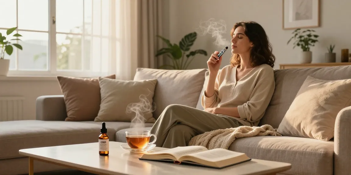 thc vapes uk showcasing an evening relaxation scene with CBD oil, stylish vape pen, and natural wellness elements.