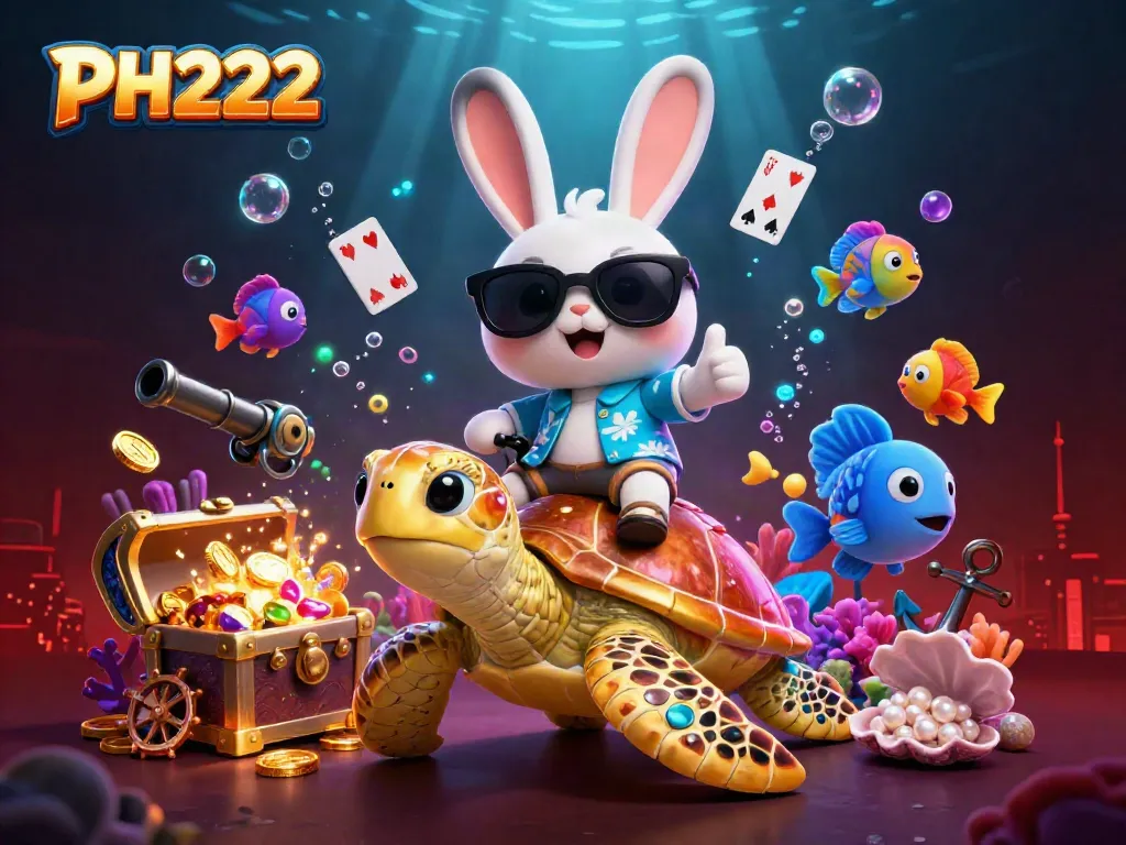 Engage with PH222's vibrant casino adventure featuring cartoon characters and a treasure-filled underwater scene.