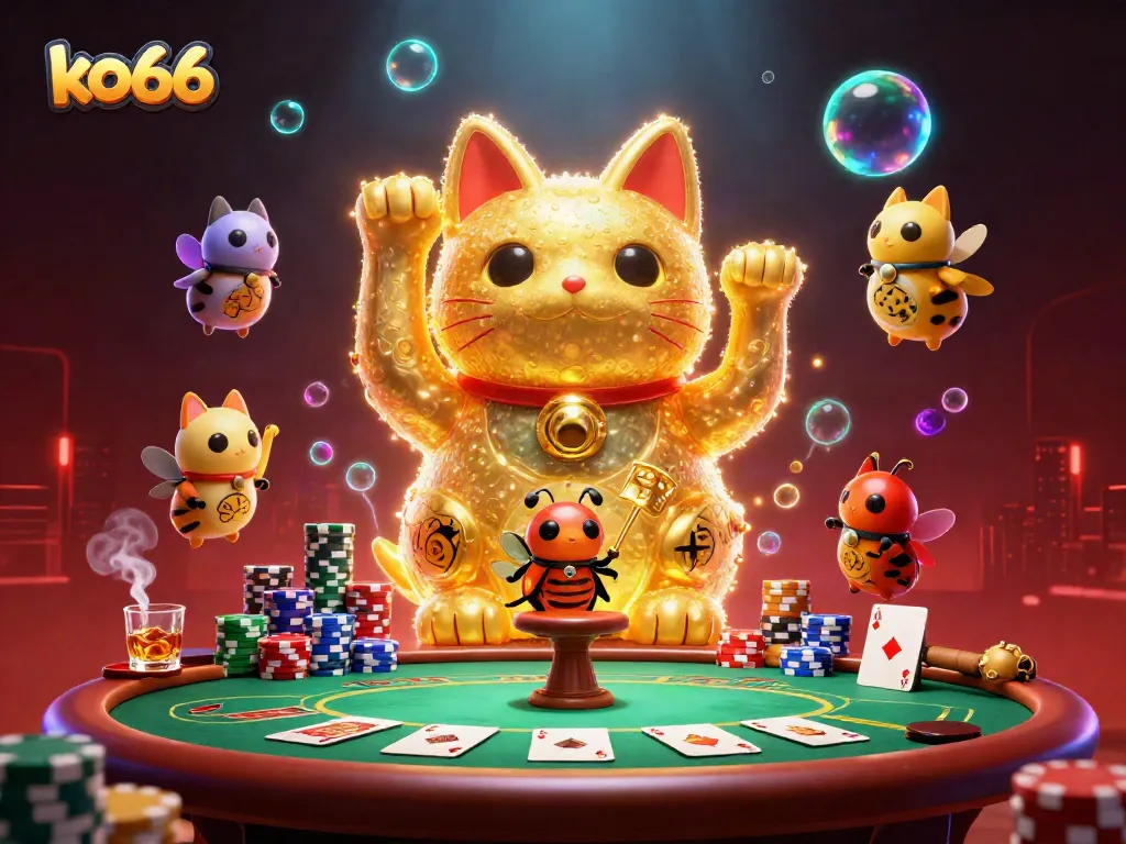 Experience the vibrant world of ko66 as golden fireflies form a lucky cat amidst casino symbols.