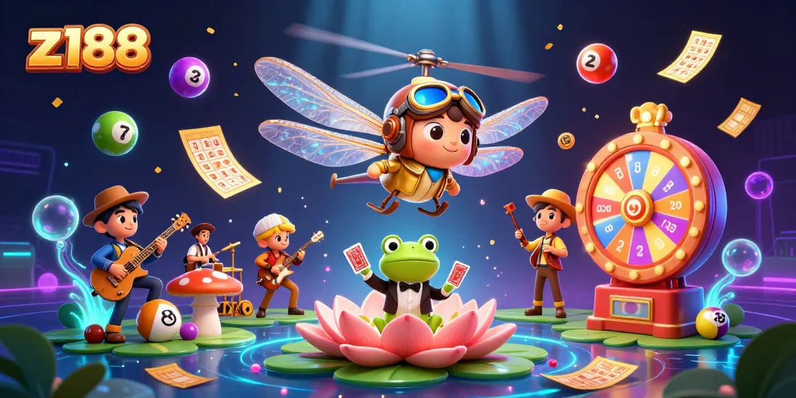 Join the excitement of z188 with a vibrant scene of card dealing and fun at a lily pad casino