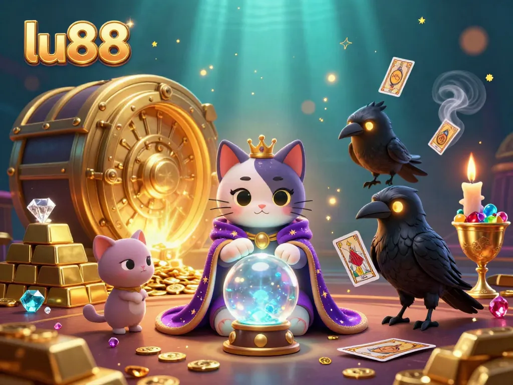 Experience luck and magic with lu88's vibrant casino scene featuring a fortune teller cat and glowing raven.