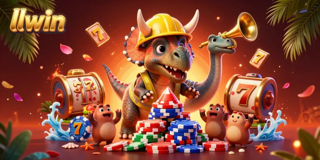 Experience llwin with a thrilling scene of a triceratops and a parasaurolophus celebrating at a casino.