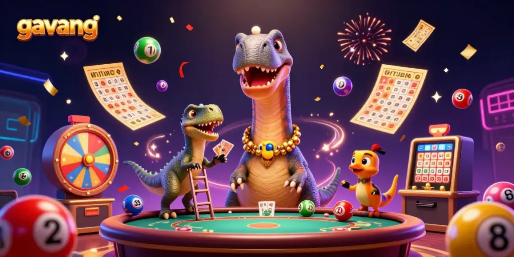 Experience the excitement of gavang with vibrant lottery balls and a dinosaur-themed casino scene.