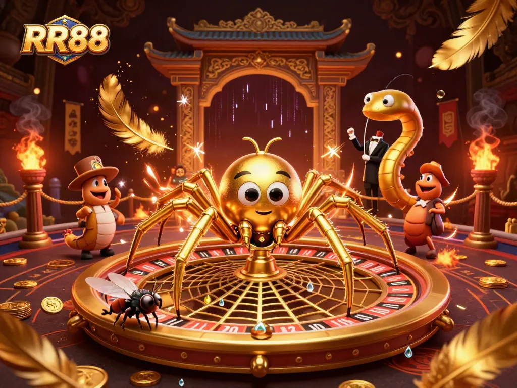Experience RR88 through vibrant casino action with a spider spinning roulette and a centipede croupier.