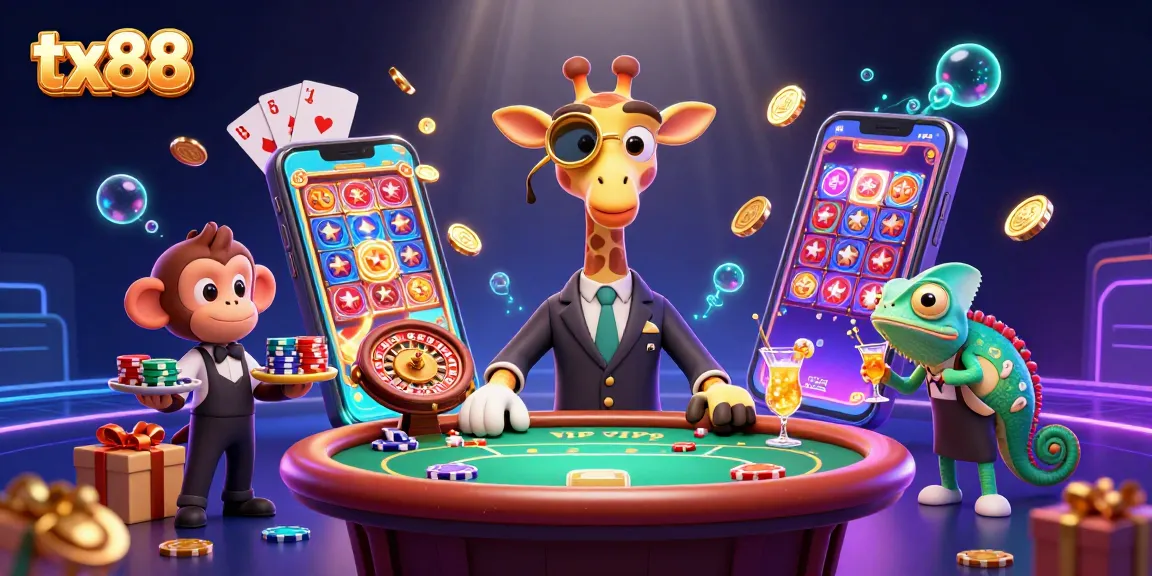 Experience the exciting tx88 casino scene with a high-roller giraffe and vibrant game elements.