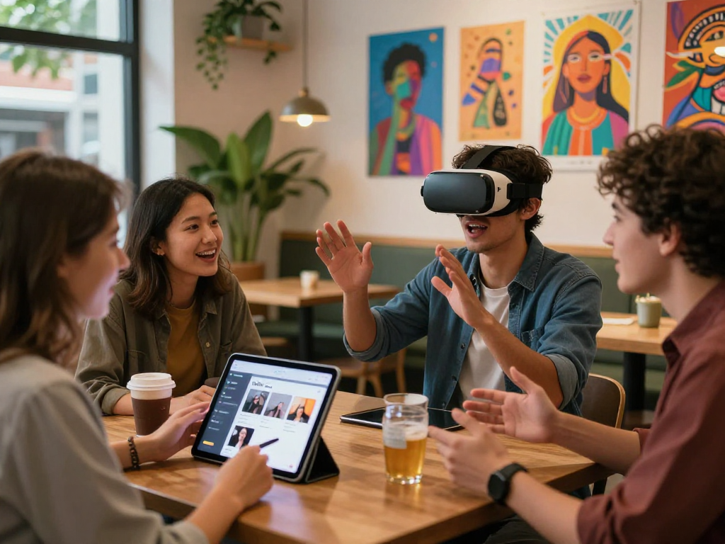 Diverse group enjoying nsfw ai content creation in vibrant café atmosphere.