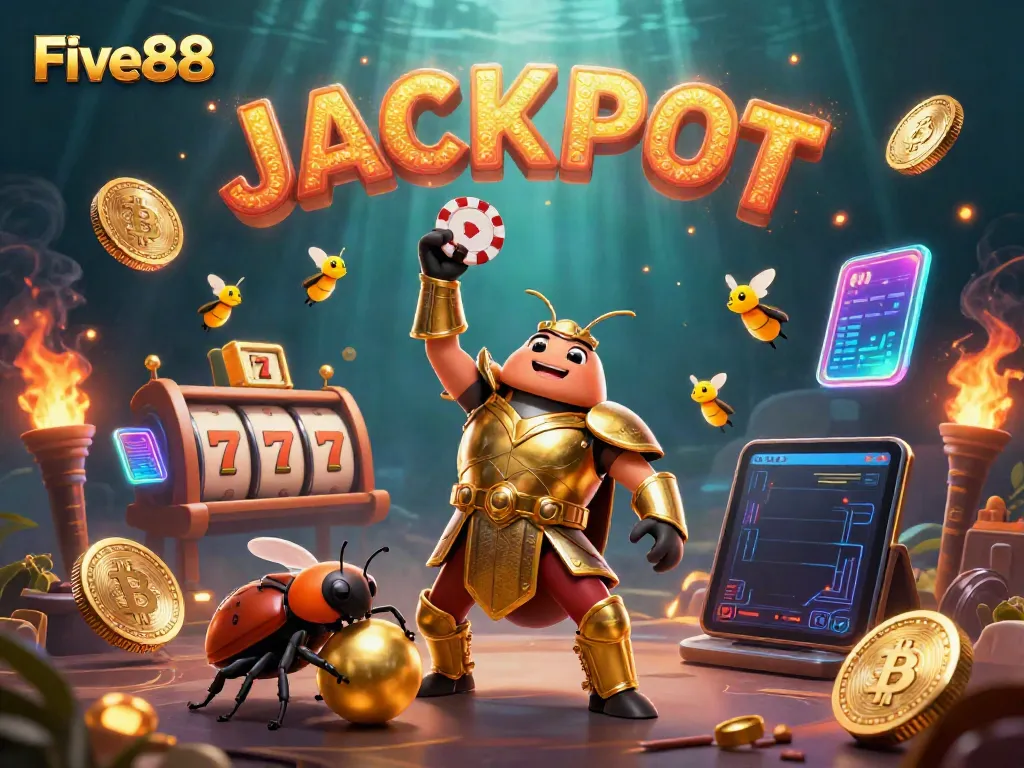 Experience the thrill of winning with Five88 featuring cartoon beetles celebrating a jackpot in a vibrant casino scene.