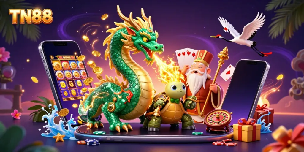 Engage with TN88's vibrant 3D casino illustration featuring a jade dragon and casino elements.