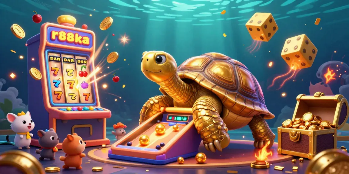 Play thrilling casino games with rr88ka at a vibrant and colorful digital illustration featuring a golden tortoise and jackpot elements.