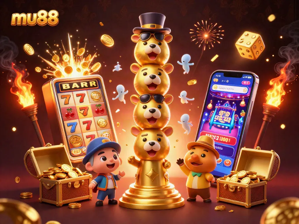 Win big with mu88 at a vibrant casino scene showcasing slot machines and gold treasures.