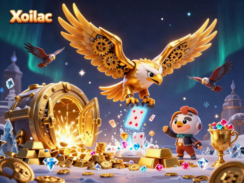Xoilac eagle dives through playing cards amid gold treasures and vibrant lights.