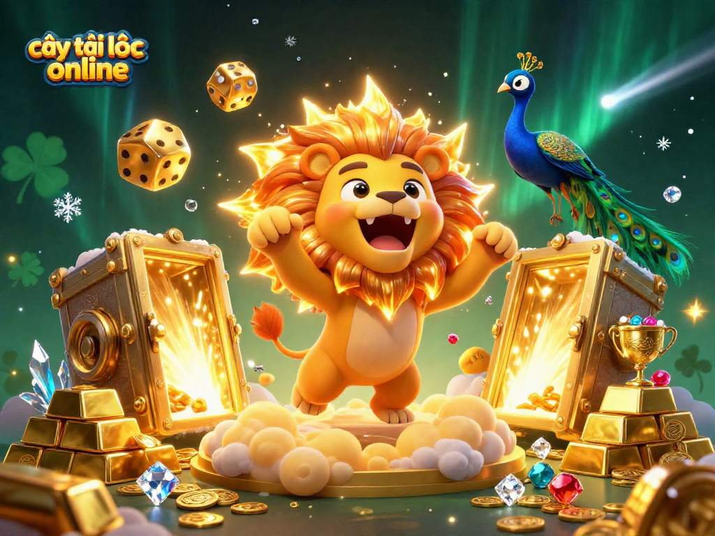 Engage with cây tài lộc online featuring a roaring golden lion, vibrant treasure vault, and floating gem effects.