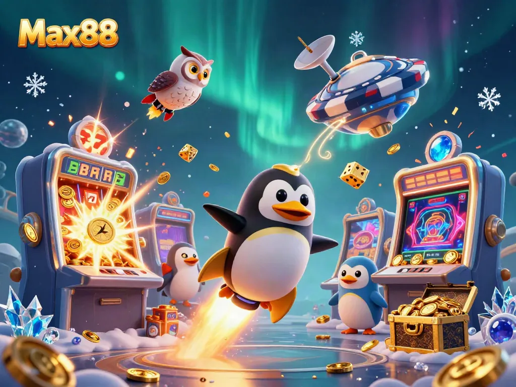 Experience thrilling moments at Max88 with a golden penguin and a vibrant casino backdrop.
