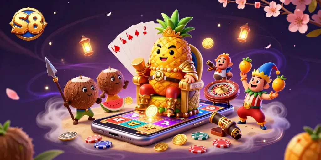 S8 casino scene with a golden pineapple king, mobile slot game excitement, and colorful gaming elements.