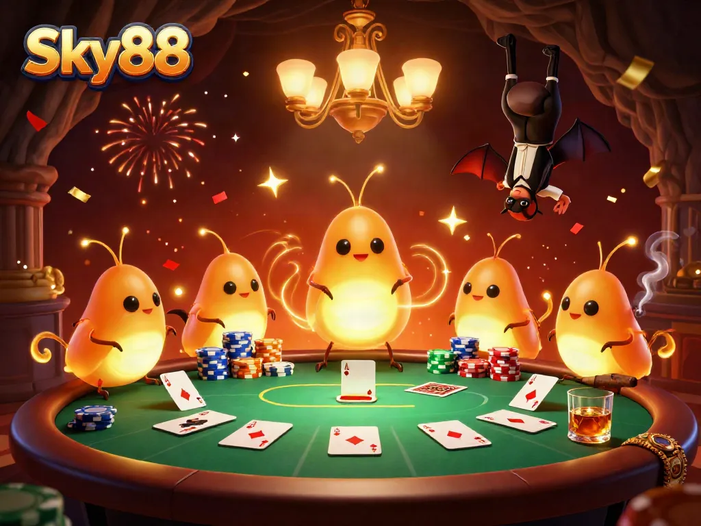 Experience Sky88's vibrant casinowith glowworms lighting up a poker table surrounded by colorful chips