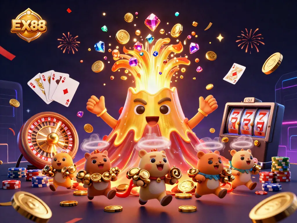 Experience the thrilling eruption of treasure with EX88 in this vibrant casino scene.