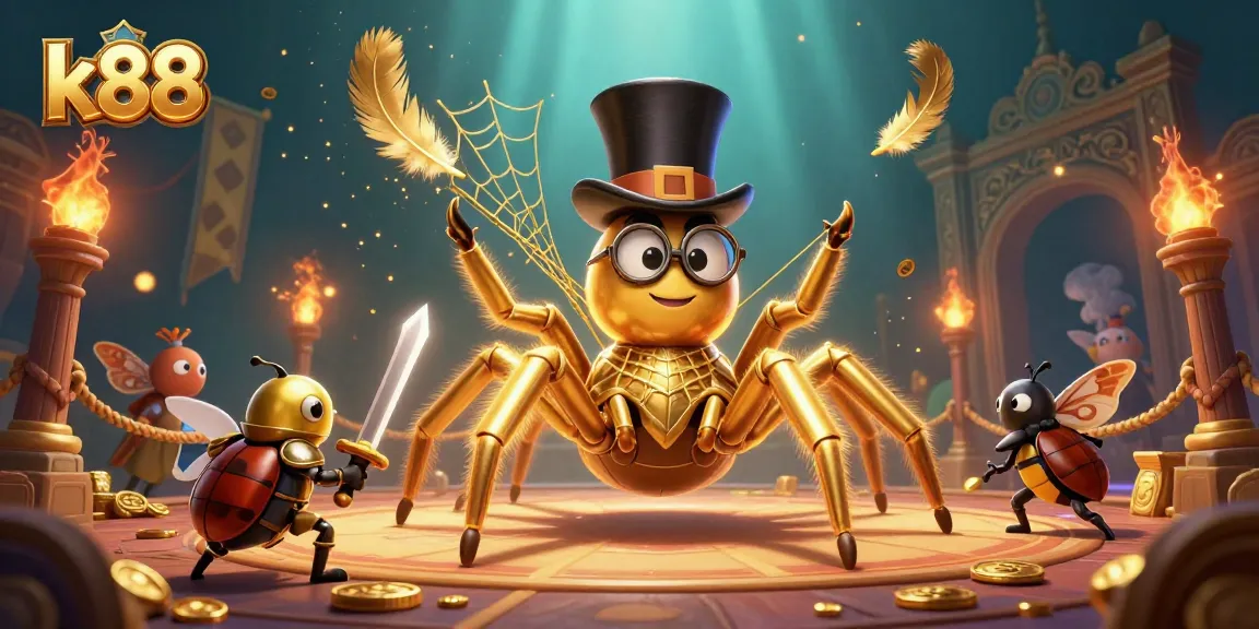 Experience the thrill of k88 with a dynamic casino-themed scene featuring a golden tarantula and beetle knight.