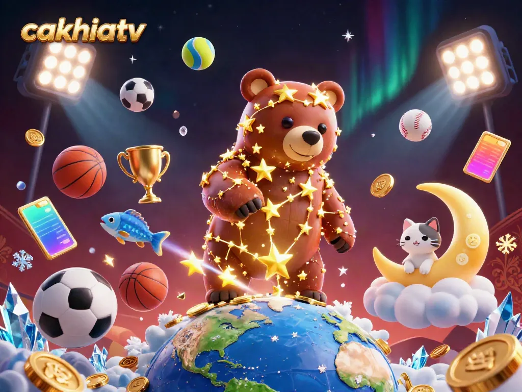 Cakhiatv showcases a vibrant 3D scene with a constellation bear and dynamic sports elements, merging excitement and energy.