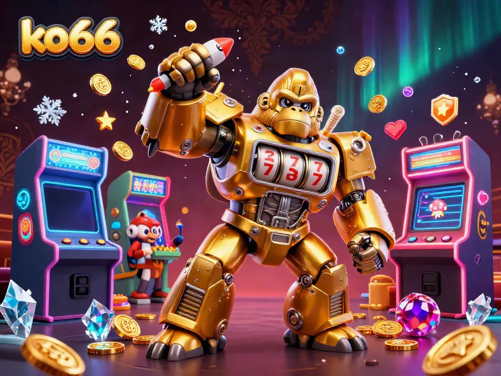 Engage with ko66's dynamic 3D gambling universe, featuring a golden gorilla mech with spinning slot reels and coins!