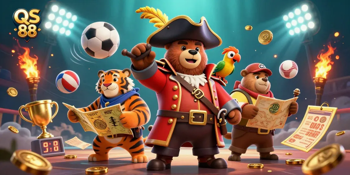 Action-packed QS 88 illustration with pirate bear and tiger, featuring sports balls and dynamic betting elements.
