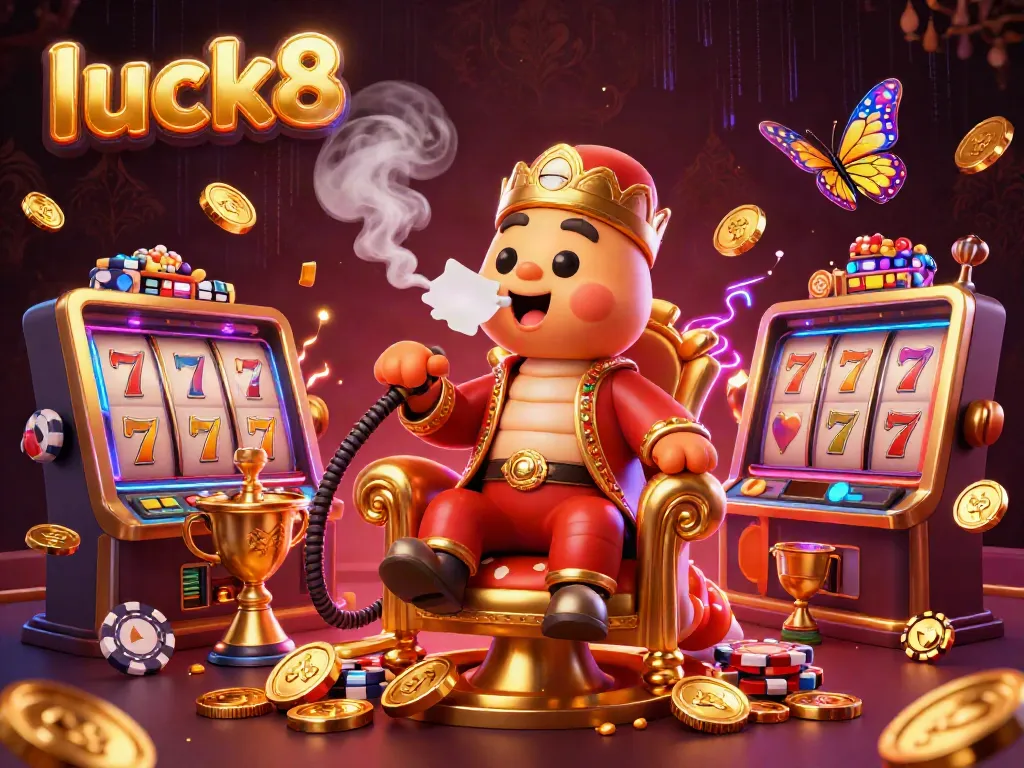 Luck8 online casino features a cartoon caterpillar hookah-master alongside slot game elements and golden coins.
