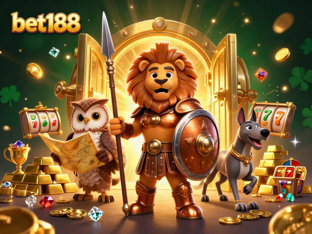 Win big with bet188 in this vibrant casino-themed illustration overflowing with riches.